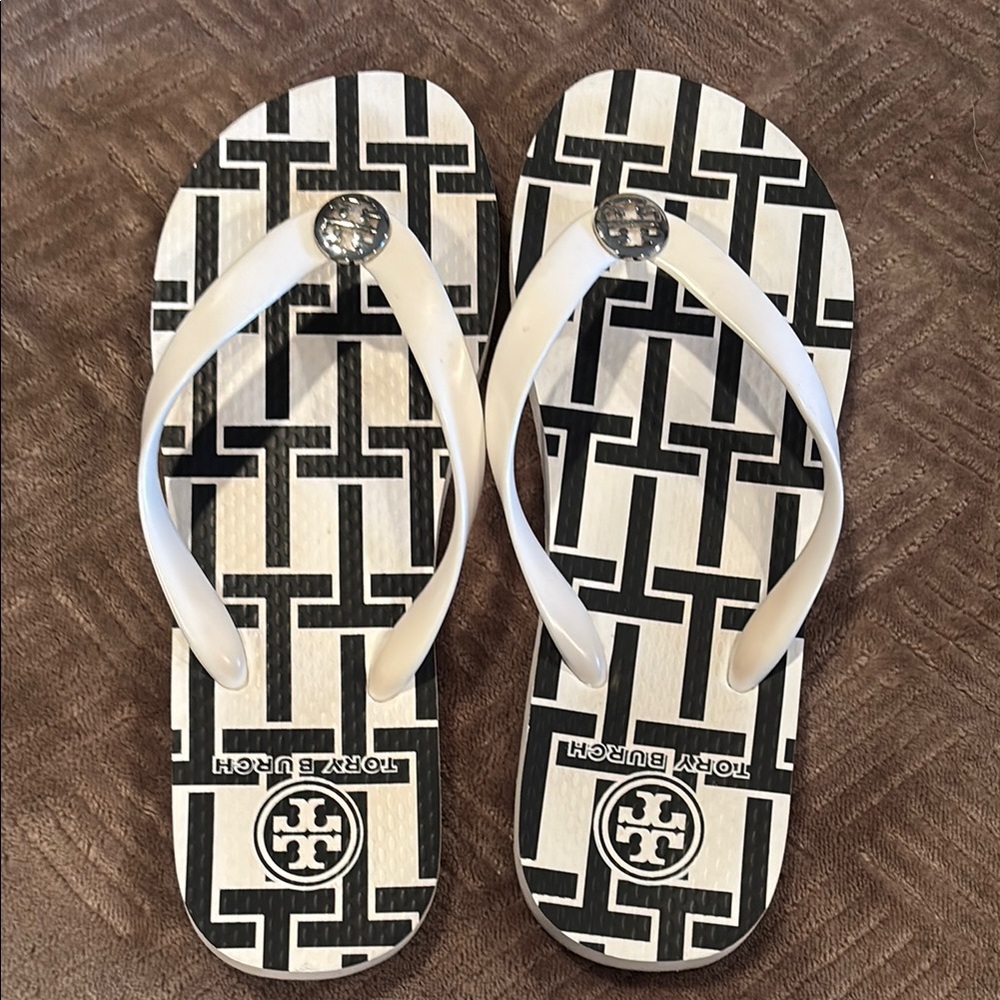 Tory Burch Black and White Flip Flops